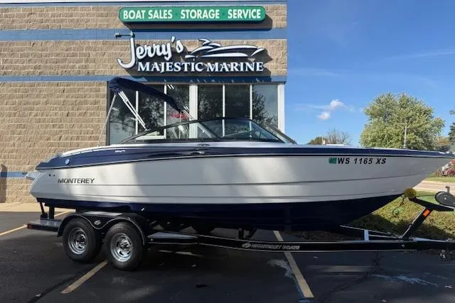 Slide: The Image of 2018 Monterey 224FS boat on trailer at Jerry's Majestic Marine dealership. - 1