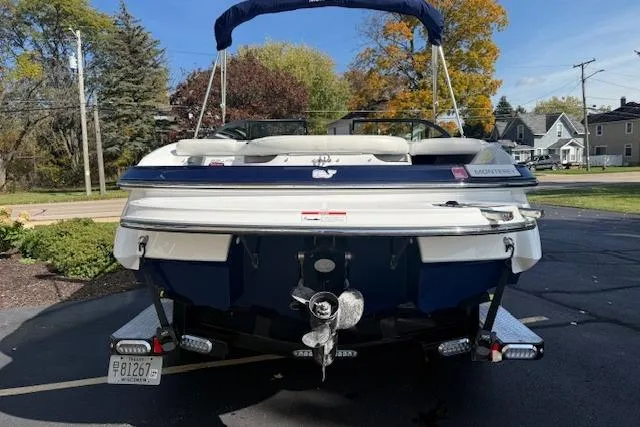 Slide: The Image of 2018 Monterey 224FS boat, rear view, parked outdoors on a sunny day. - 2