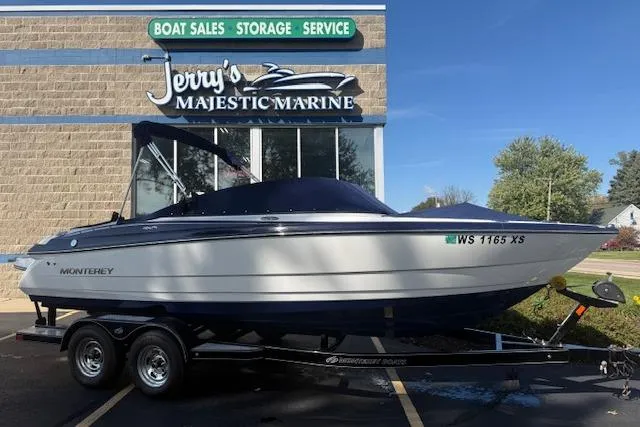 Slide: The Image of 2018 Monterey 224FS boat on trailer at Jerry's Majestic Marine dealership. - 37