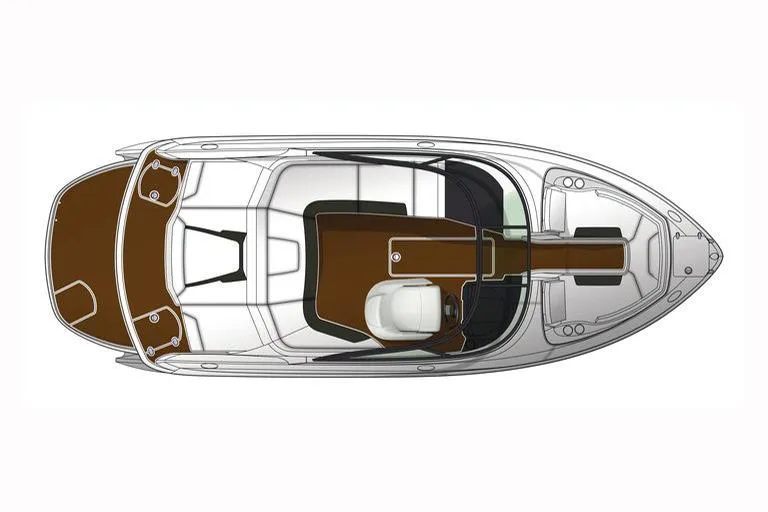 Slide: The Image of 2018 Monterey 224FS boat interior with steering wheel and dashboard, parked outdoors. - 42