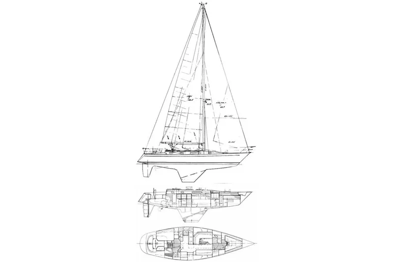 Slide: The Image of Blueprint of 1980 Nordic 44 sailboat, showcasing side and top views with detailed design. - 48