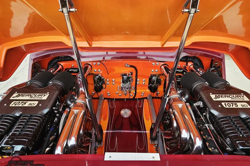 Slide: The Image of 2008 Eliminator 36 Daytona Coupe engine bay with dual Mercury Racing 1075 SCI engines. - 94