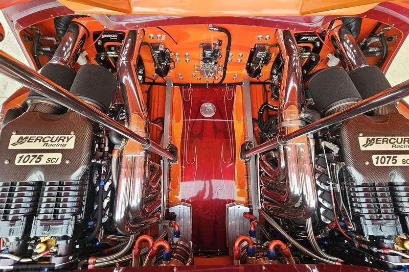 Slide: The Image of Engine bay of 2008 Eliminator 36 Daytona Coupe with dual Mercury Racing 1075 Sci engines. - 95