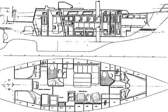 Slide: The Image of Blueprint of 1981 Bristol 45.5 Aft Cockpit sailboat, showcasing interior layout and design. - 52