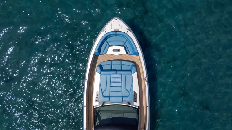 Slide: The Image of 2023 Vanquish Yachts VQ45, aerial view, luxury yacht on clear blue water. - 17