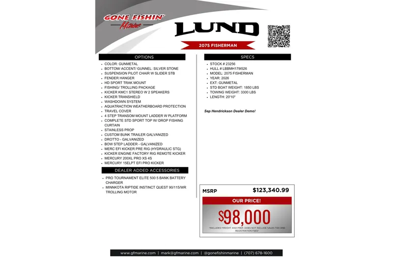 Slide: The Image of Lund 2075 Fisherman 2026 boat features, specs, and pricing details on promotional flyer. - 27