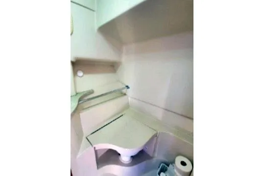 Slide: The Image of 1999 Mainship Pilot 30 boat bathroom with compact sink and storage shelves. - 19