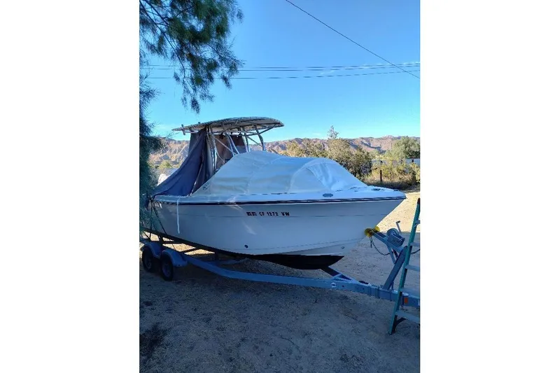 Slide: The Image of 2017 Cobia T-Top boat on trailer, covered, outdoors with scenic mountain backdrop. - 13