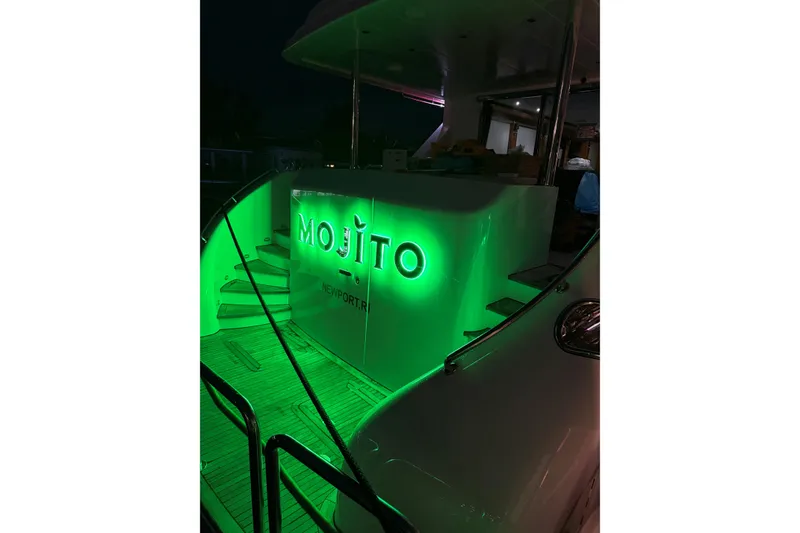 Slide: The Image of Illuminated "Mojito" yacht name on 2006 Hargrave Raised Pilothouse, Newport, RI. - 6