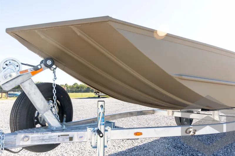 Slide: The Image of 2026 G3 1652 VBW boat on trailer, close-up view, sunny day. - 24