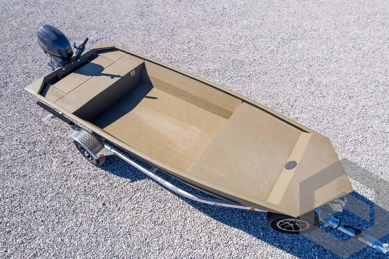 Slide: The Image of 2026 G3 1652 VBW boat on trailer, gravel background, overhead view. - 43