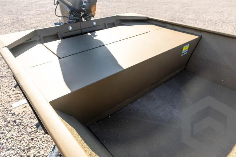 Slide: The Image of 2026 G3 1652 VBW boat interior with motor, showcasing storage compartment. - 41