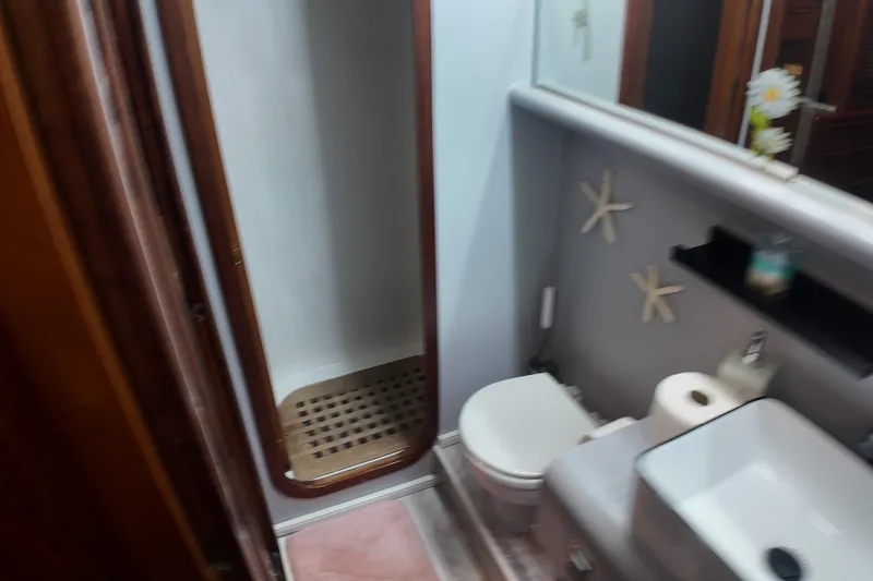 Slide: The Image of Bathroom interior of 1987 Viking Gulfstar yacht with shower, toilet, and sink. - 42