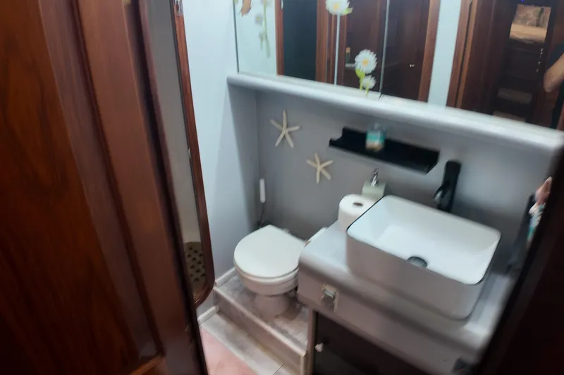 Slide: The Image of Compact bathroom in a 1987 Viking Gulfstar boat with modern sink and nautical decor. - 44