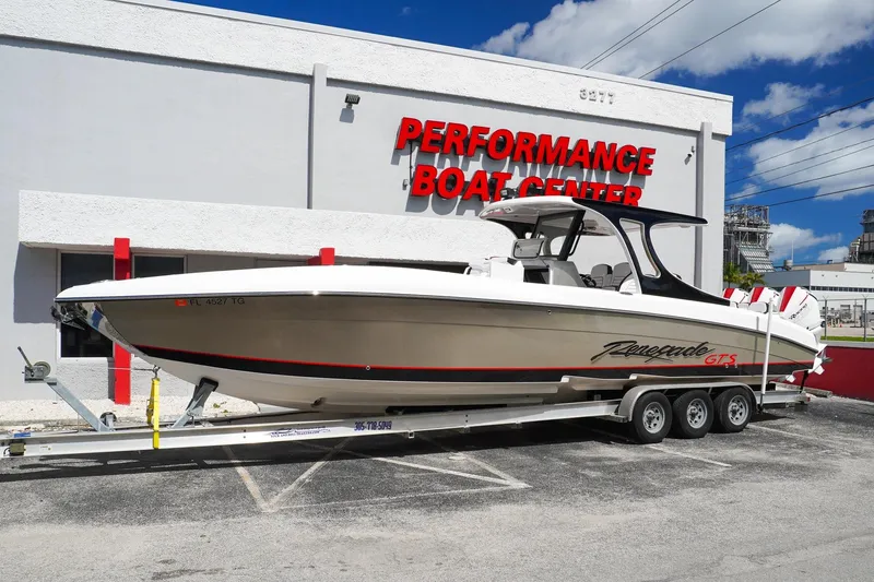 Slide: The Image of 2023 Renegade 38 GTS Open boat on trailer at Performance Boat Center. - 3