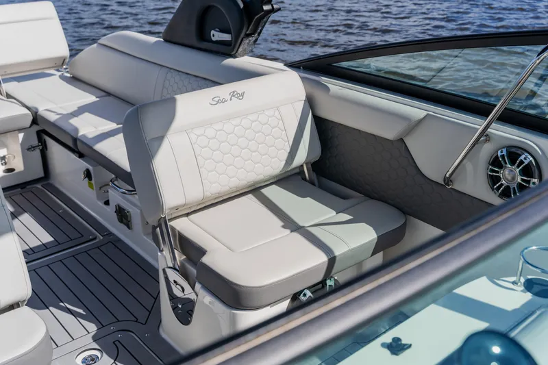 Slide: The Image of 2021 Sea Ray SDX 250 Outboard boat interior with luxurious seating and modern design. - 38