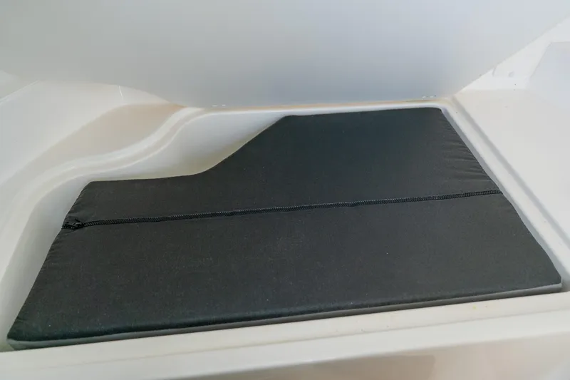 Slide: The Image of 2021 Sea Ray SDX 250 Outboard storage compartment with black cushioned cover. - 51