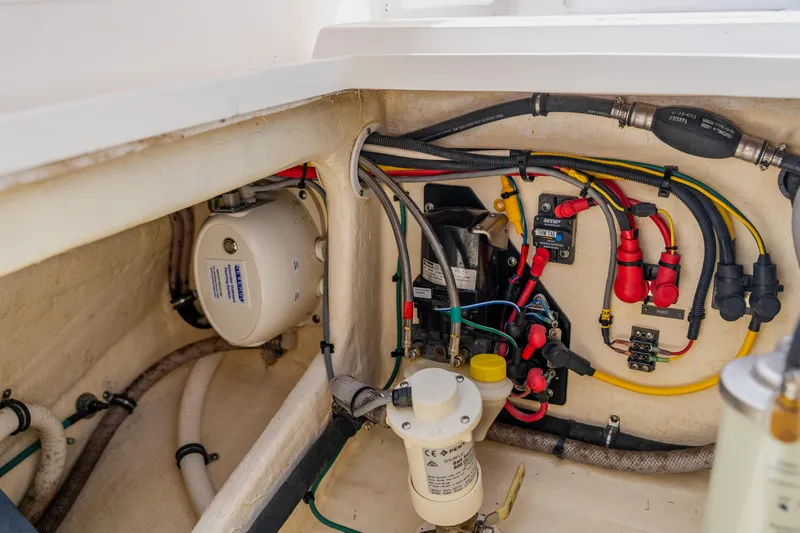 Slide: The Image of 2018 Intrepid 327 Center Console boat wiring and mechanical components in detail. - 94