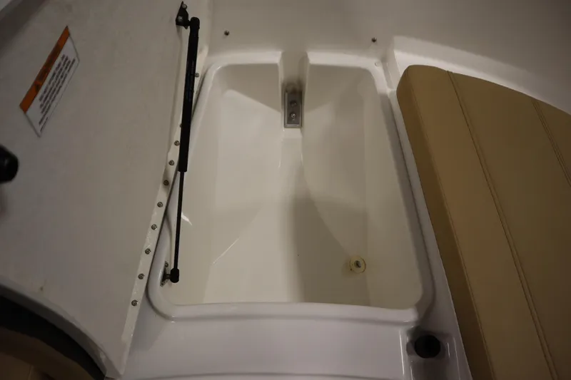 Slide: The Image of 2024 Bayliner Trophy T22CC storage compartment with beige seating and hydraulic support. - 13