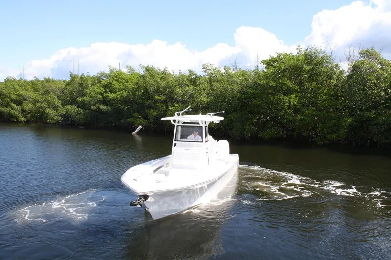 Slide: The Image of Limitless 270 boat cruising on a serene waterway, surrounded by lush greenery, 2026 model. - 31