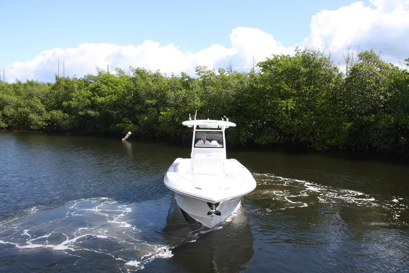 Slide: The Image of Limitless 270 boat cruising on a calm river, surrounded by lush greenery, 2026 model. - 32