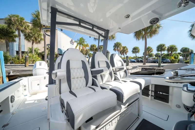 Slide: The Image of Interior of 2022 World Cat 400 CC-X boat with luxurious seating and modern design. - 22
