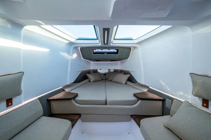 Slide: The Image of Luxurious interior cabin of 2021 Axopar 37 boat with modern design and comfortable seating. - 7