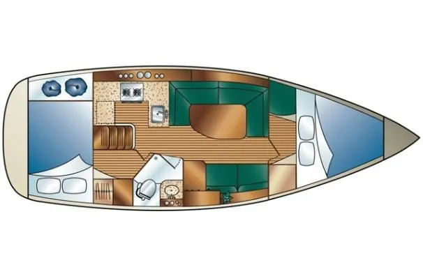 Slide: The Image of Floor plan of a 2008 Hunter 33 sailboat, featuring cabin layout and amenities. - 30