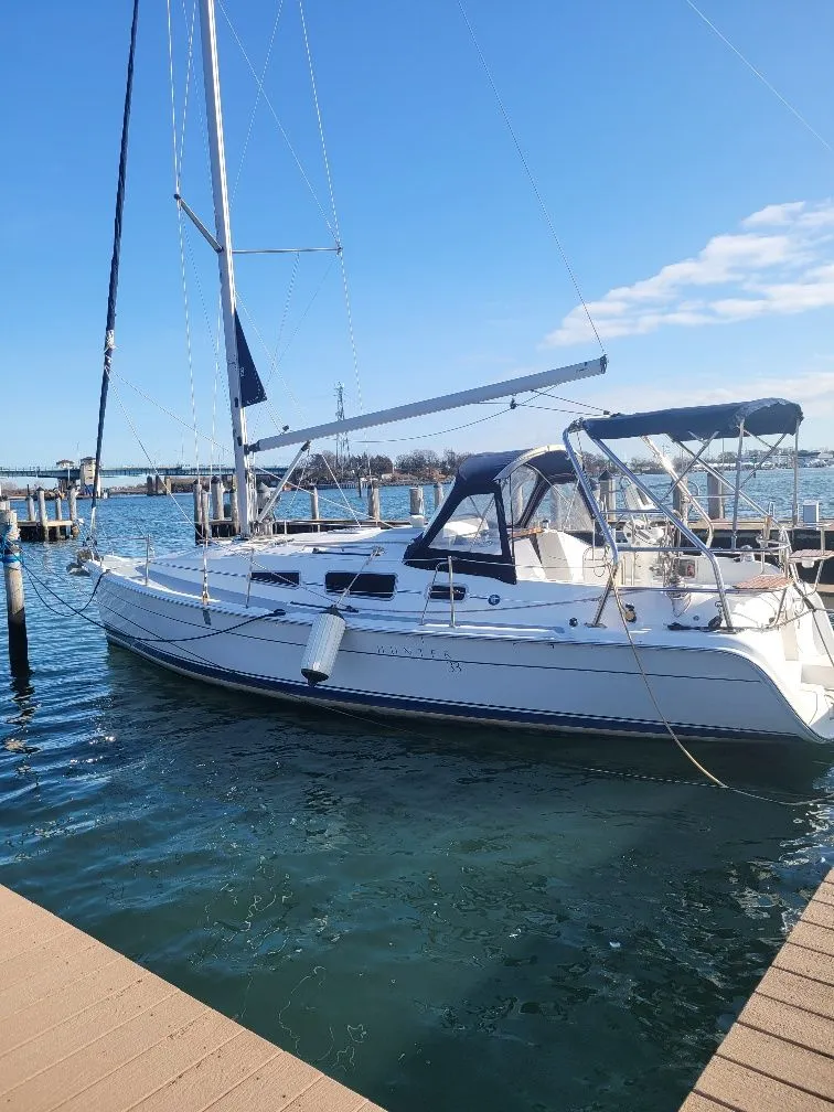 Slide: The Image of 2008 Hunter 33 sailboat docked in a marina under clear blue skies. - 9
