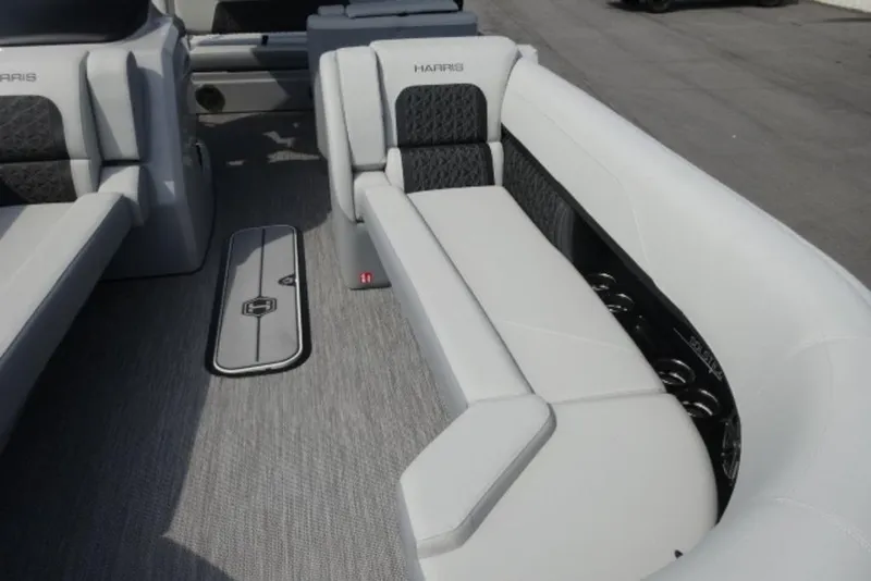 Slide: The Image of 2026 Harris Solstice 250 boat interior with luxurious seating and modern design. - 2