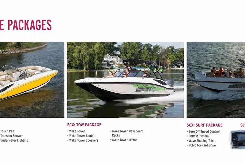 Slide: The Image of 2016 Starcraft Crossover 231 SCX IO SURF boats with tow and surf packages on a lake. - 12