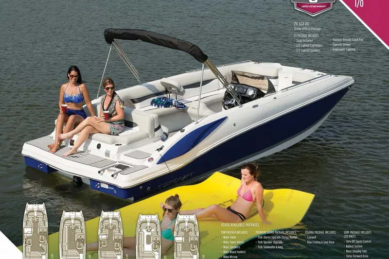Slide: The Image of 2016 Starcraft Crossover 231 SCX IO SURF boat with passengers enjoying water activities. - 13