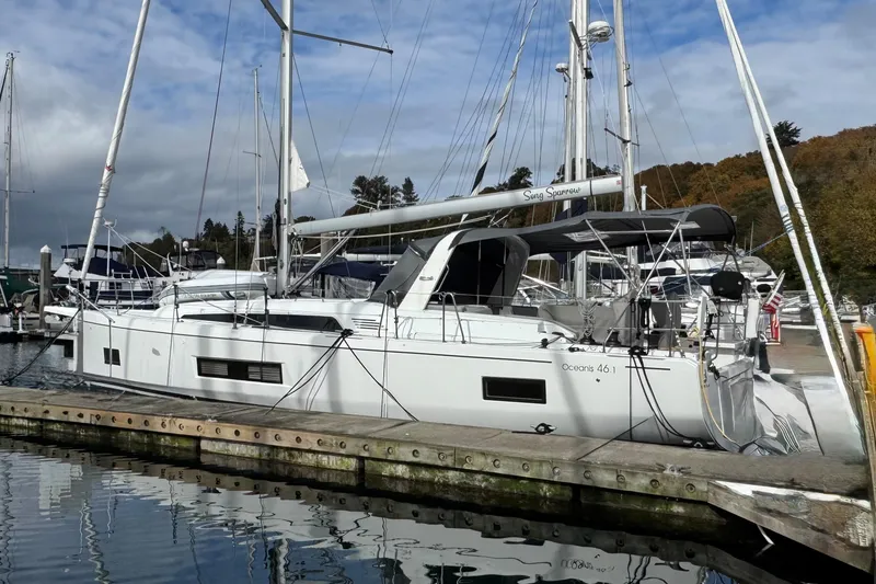 Slide: The Image of 2022 Beneteau Oceanis 46.1 yacht docked at marina, side view. - 41