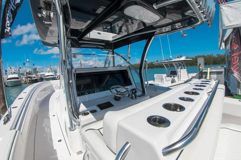 Slide: The Image of 2021 SeaHunter 41 CTS boat interior with luxurious seating and modern design. - 11