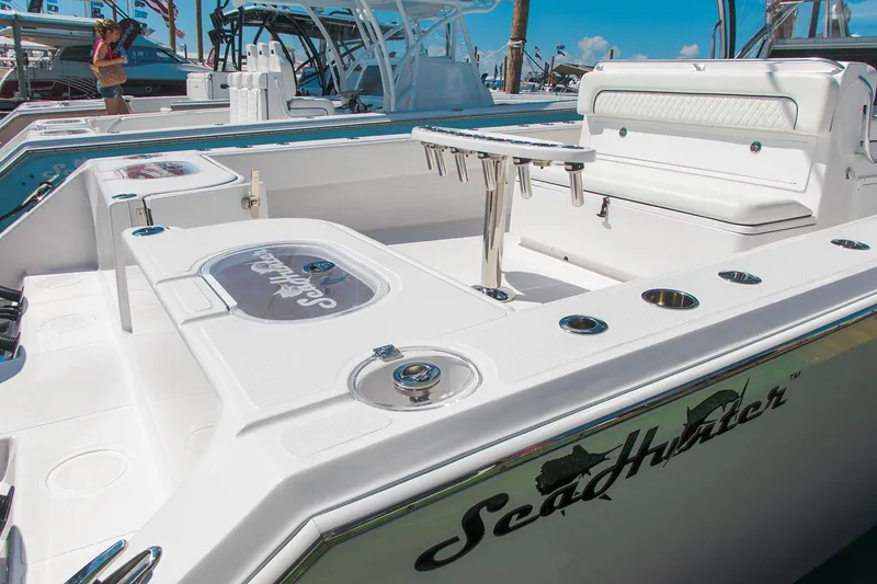 Slide: The Image of 2021 SeaHunter 41 CTS boat with spacious seating and sleek design. - 12