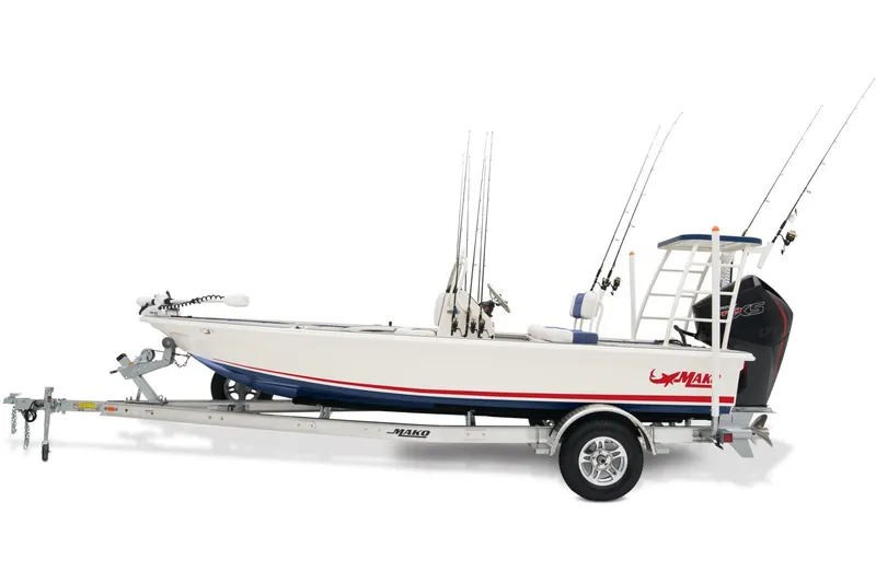 Slide: The Image of 2026 Mako 18 Pro Skiff Patriot Edition on trailer in outdoor setting. - 4