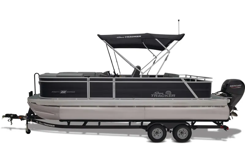 Slide: The Image of 2026 Sun Tracker Party Barge 22 RF DLX pontoon boat, rear view with motor and ladder. - 5