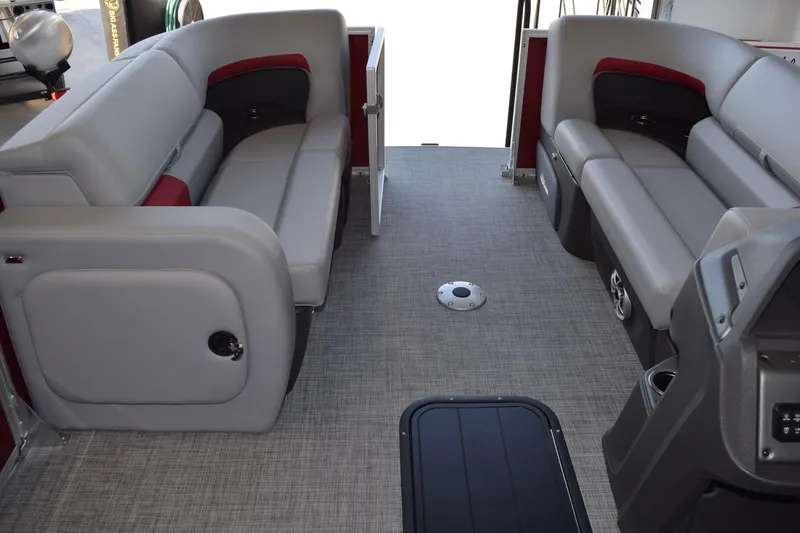 Slide: The Image of Interior of 2026 Sun Tracker Party Barge 22 RF XP3 with gray seating and modern design. - 10