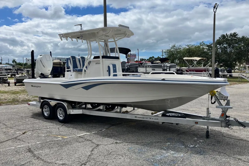 Slide: The Image of 2026 Ranger 2510 Bay boat on trailer, parked outdoors under cloudy sky. - 2