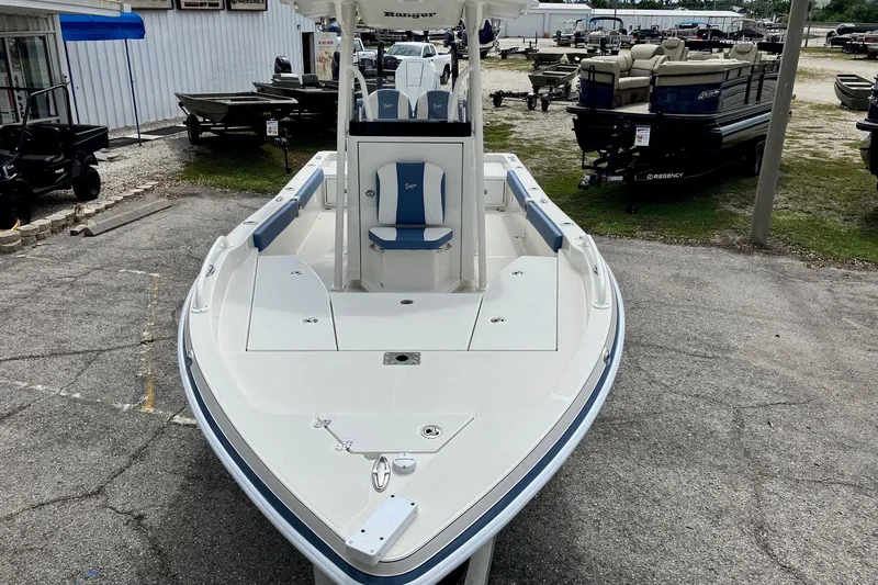 Slide: The Image of 2026 Ranger 2510 Bay boat displayed outdoors at a dealership. - 6