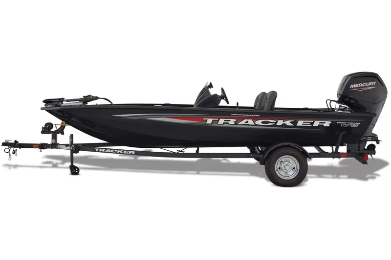 Slide: The Image of 2026 Tracker Pro Team 175 Crappie Edition boat with dual seats and steering console. - 7