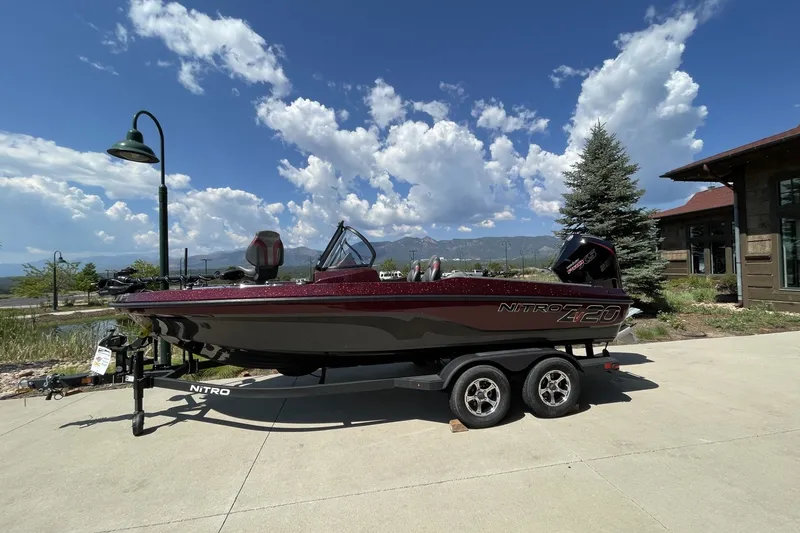 Slide: The Image of 2026 Nitro ZV20 Pro boat on trailer under clear blue sky. - 1