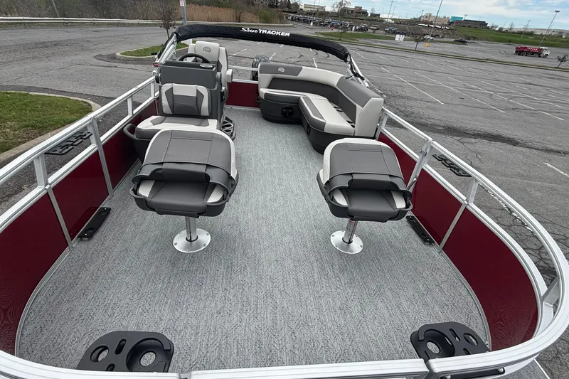 Slide: The Image of 2026 Sun Tracker Bass Buggy 16 XL Select pontoon boat with spacious seating and modern design. - 5