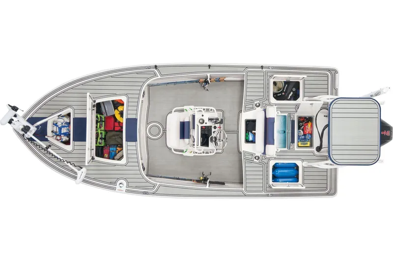 Slide: The Image of 2026 Mako 18 Pro Skiff Patriot Edition boat displayed indoors at Bass Pro Shops. - 7