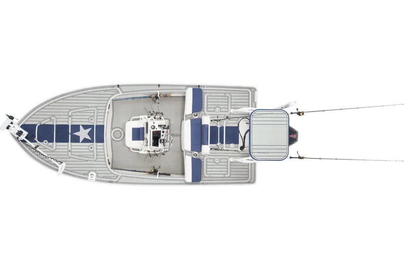 Slide: The Image of 2026 Mako 18 Pro Skiff Patriot Edition boat console with steering wheel and controls. - 8