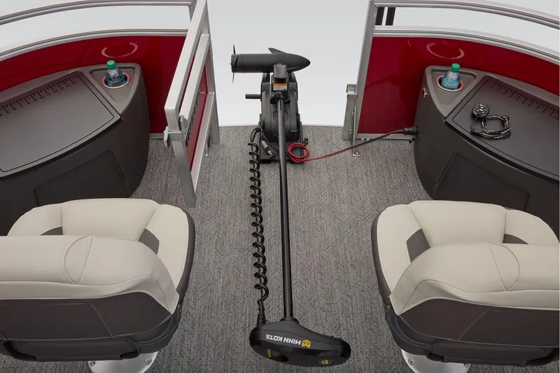 Slide: The Image of 2026 Sun Tracker Fishin' Barge 22 XP3 interior seating, featuring plush gray upholstery. - 24