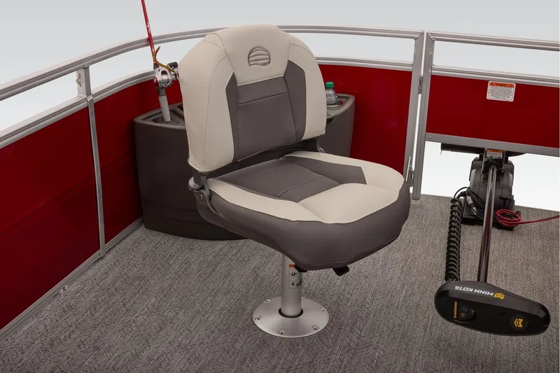 Slide: The Image of 2026 Sun Tracker Fishin' Barge 22 XP3 interior seating with storage compartment open. - 28