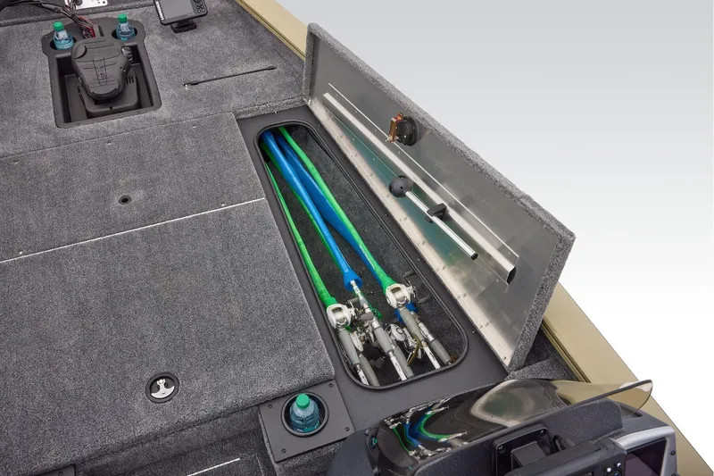 Slide: The Image of 2026 Tracker Pro Team 175 boat interior storage compartment with seating. - 21