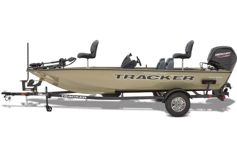 Slide: The Image of 2026 Tracker Pro Team 175 boat with Mercury engine on trailer, parked outdoors. - 4