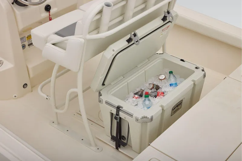 Slide: The Image of Open cooler with drinks and ice on a 2026 Mako 24 APEX boat. - 49